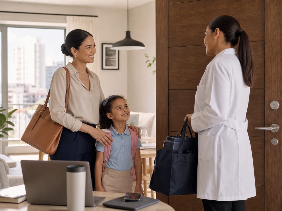 Profesional de laboratorio llegando puntualmente al hogar de una madre trabajadora